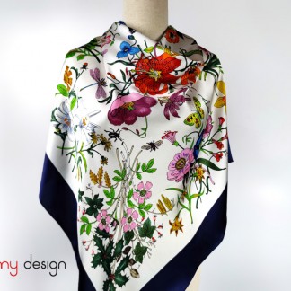 Square silk scarf with wild flower pattern and blue border